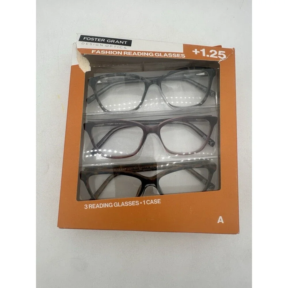 Foster Grant Design Optics Kiersey Plastic Square Reading Glasses 3 Pack+1.25 A